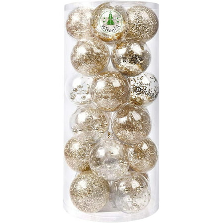 Gold MCEAST 24 Pieces 2.36 Inches Plastic Christmas Balls 8 Designs Shatterproof Decorative Balls Baubles Christmas Hanging Ornaments with Stuffed Delicate Decorations 